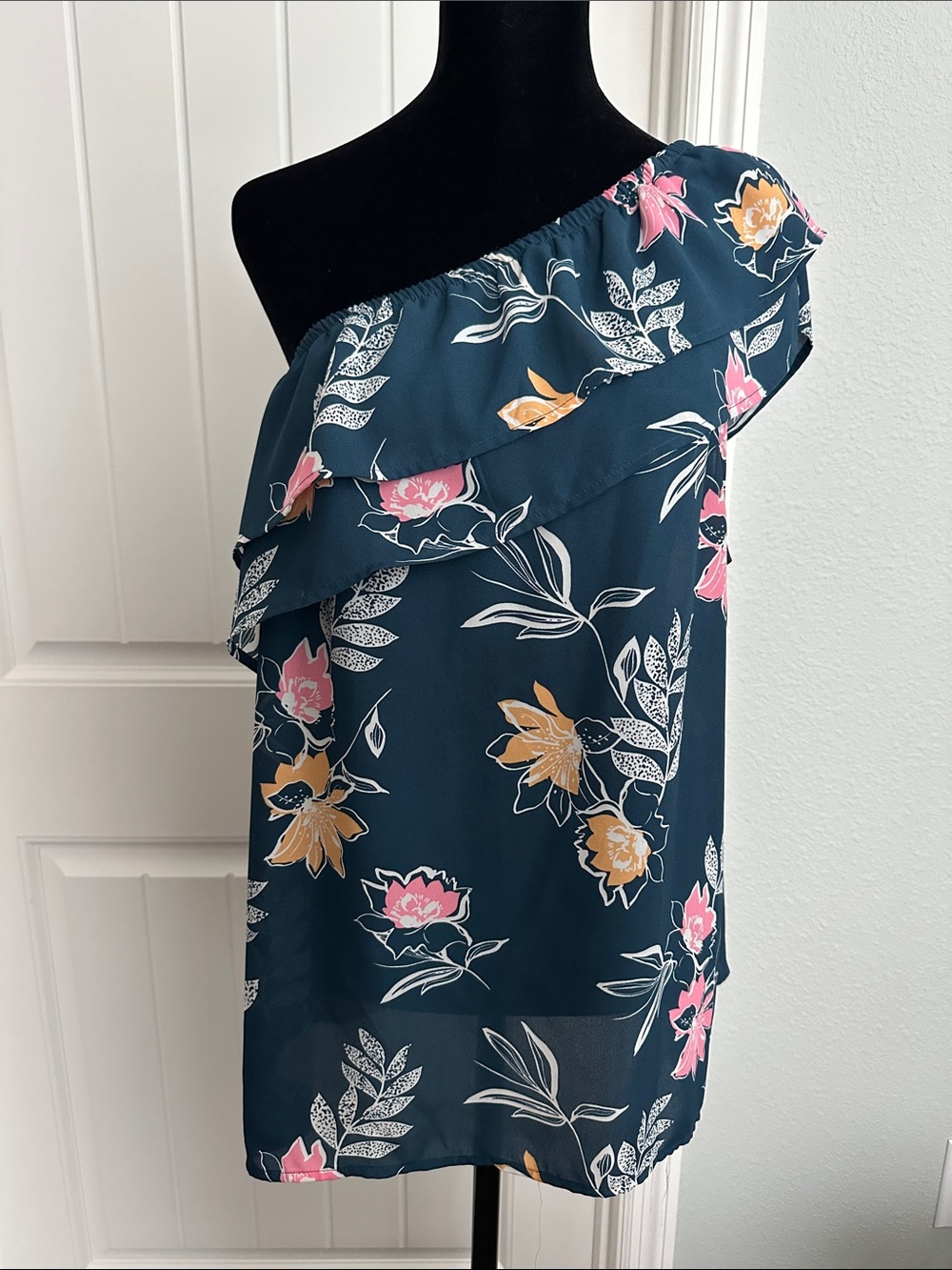 Apt. 9 One-Shoulder Ruffle top- Teal with Pink & Gold Floral